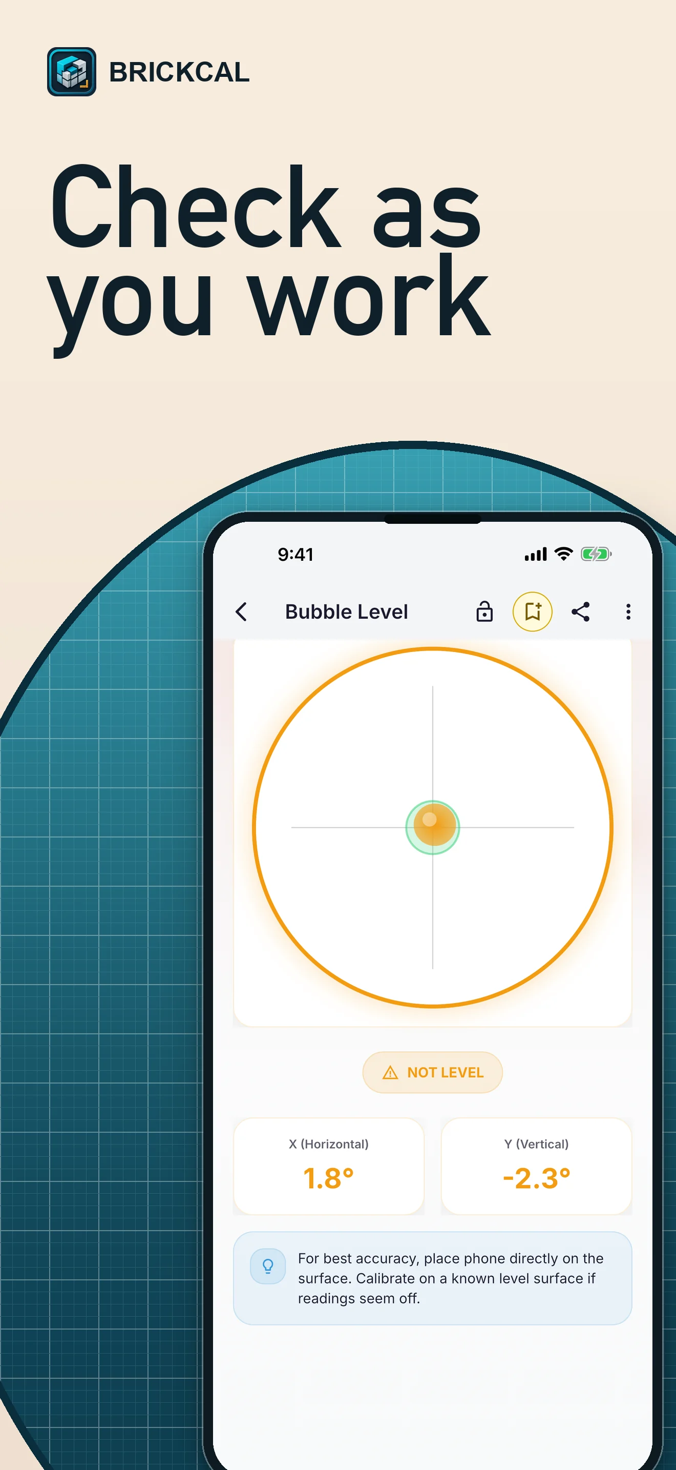 BrickCal bubble level tool using supported device sensors on a jobsite.