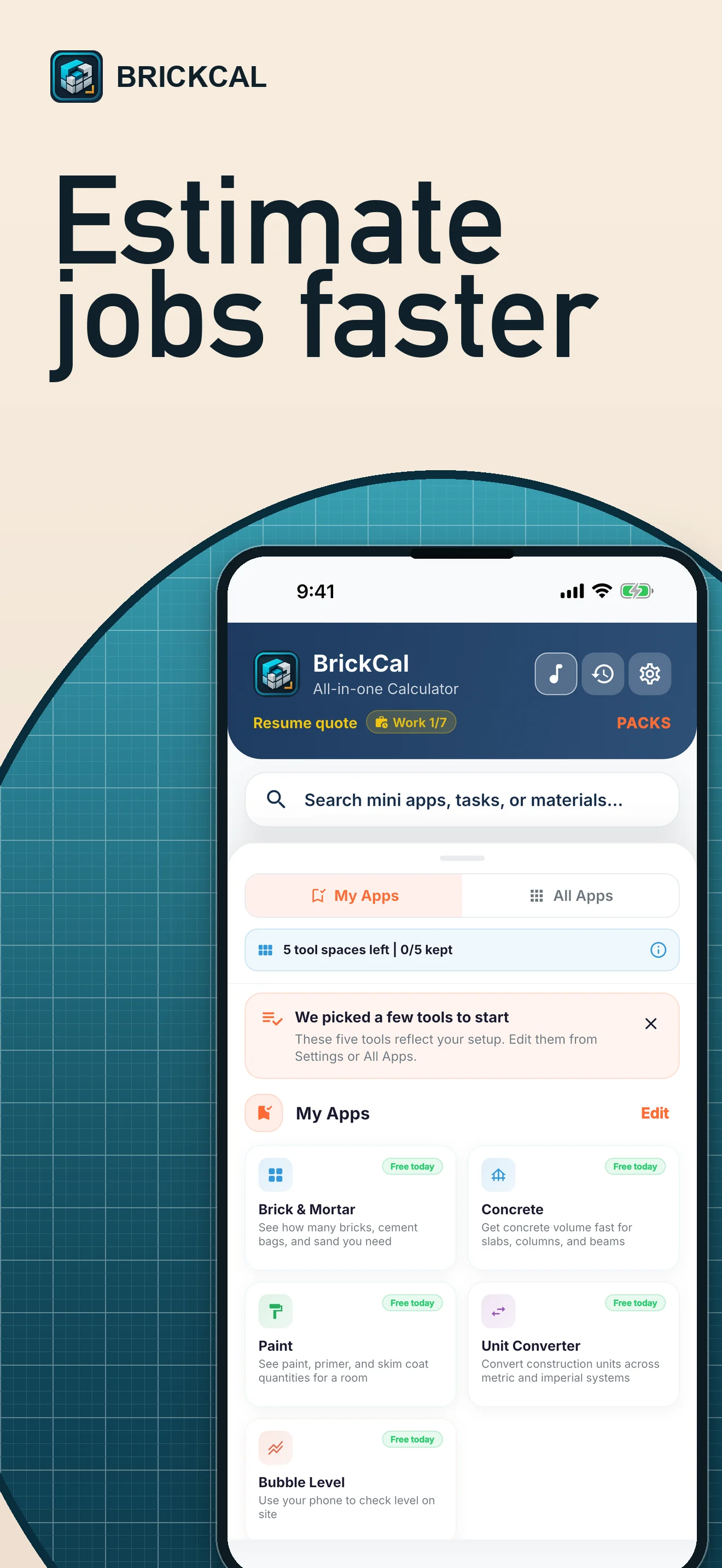BrickCal home screen presenting construction calculators and recent project work.