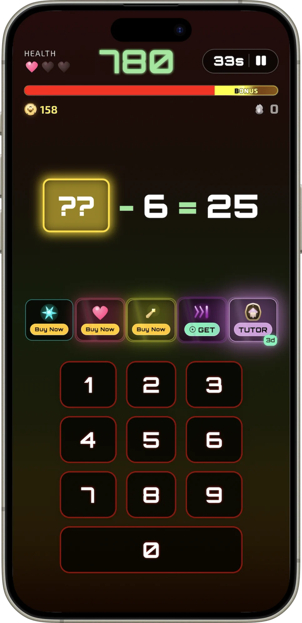 Math Match gameplay screen with equation tiles and a neon arcade interface.